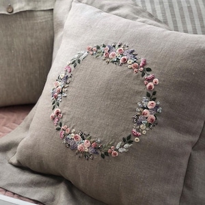 Rose Wreath Embroidery Pillowcase, Handmade Cushion Cover, Floral Linen Pillow Cover, Living Room Decoration, Home Decoration, Handmade Gift