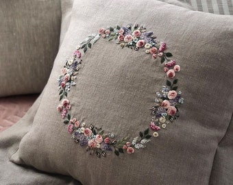 Rose Wreath Embroidery Pillowcase, Handmade Cushion Cover, Floral Linen Pillow Cover, Living Room Decoration, Home Decoration, Handmade Gift
