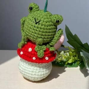 Cute Frog with Mushroom Car Mirror Hanging Accessories, Crochet Frog Ornaments, New Car Gift Idea, Gift For Her, Car Decorations, Car Charm