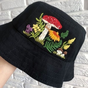 Mushroom Mix Fern Bucket Hat, Hand Embroidery Summer Hat, Handmade Beach Hat, Sun Garden Hat, Gift For Mom