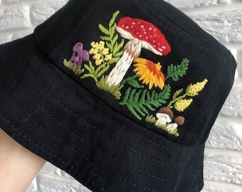 Mushroom Mix Fern Bucket Hat, Hand Embroidery Summer Hat, Handmade Beach Hat, Sun Garden Hat, Gift For Mom