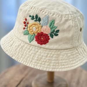 Vintage Summer Hat with Floral Embroidery, Floral Bouquet Hand-Embroidered Bucket Hat, Handmade Beach Hat, Sun Garden Hat, Gift For Mom