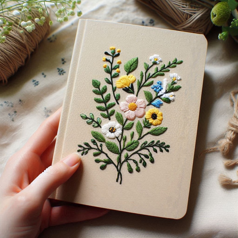 Op de afbeelding: Een beige notitieboekje met een handgestikt bloemenontwerp met roze, gele, witte en blauwe bloemen. De bloemen zijn geborduurd op de voorkant van het notitieboekje.