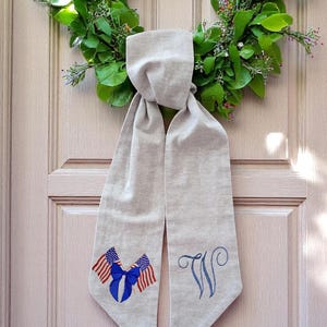 Personalized USA Flag Bow Hand Embroidered Patriotic Wreath Sash, Linen Wreath Bow, 4th of July/Memorial Day Door Decor, Housewarming Gift