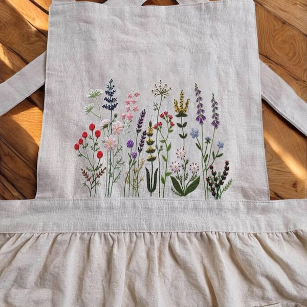 Custom Wildflowers Garden Embroidered Apron, Hand Embroidered Apron, Kitchen/Cooking/Florist/Gardening Apron, Handmade Gift for Her