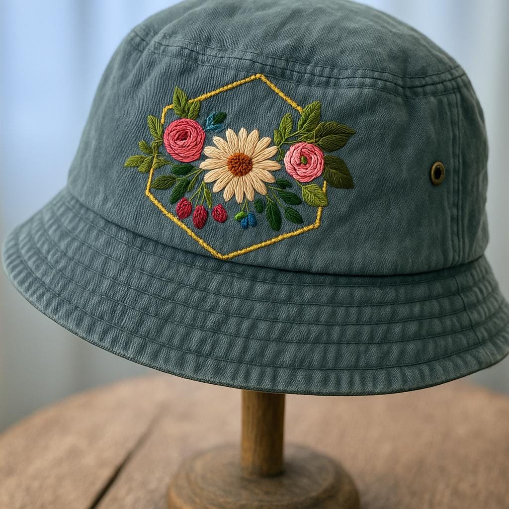 Vintage Floral Bouquet Hand-embroidered Bucket Hat, Summer Hat