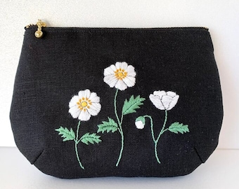 White Anemone Flower Embroidery Pouch, Handmade Cosmetic Bag, Embroidered Pencil Case, Vintage Makeup Bag, Mother's Day Gift, Student Gift