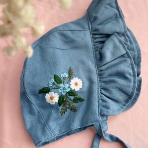 Ruffled Baby Bonnet with Hand Embroidered Flowers, Baby Linen Bonnet, Hand Embroidered Linen Bonnet, Baby Brim Bonnet, Custom Baby Bonnet