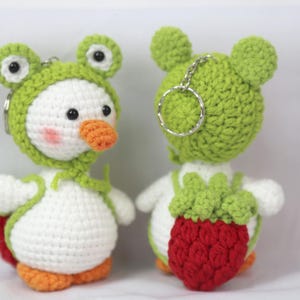 Crochet Goose Keychains with Frog Hats, Strawberry Goose Charm, Amigurumi Animal Keychain, Cute Frog Handmade Gift, Handmade Gift Idea