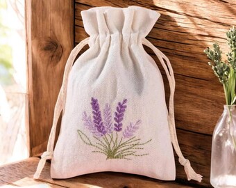 Geschenkbeutel aus Leinen mit Lavendel Stickerei und Kordelzug-Verschluss, Geschenkverpackung aus Leinen, handgemachte Kordelzug Beutel, Aufbewahrungsbeutel, Schmuckbeutel
