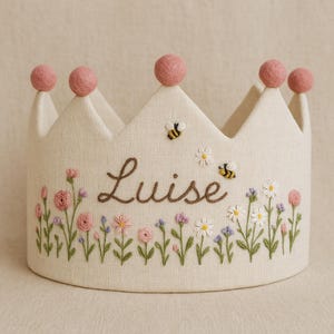 Custom Name Bee in Wildflower Garden Hand Embroidered Birthday Party Crown, Linen Crown for Birthday, Personalized Handmade Birthday Crown