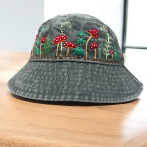 Vintage Denim Bucket Hat with Mushroom Embroidery, Hand Embroidered Summer Hat, Handmade Beach Hat, Sun Garden Hat, Handmade Gift For Mom