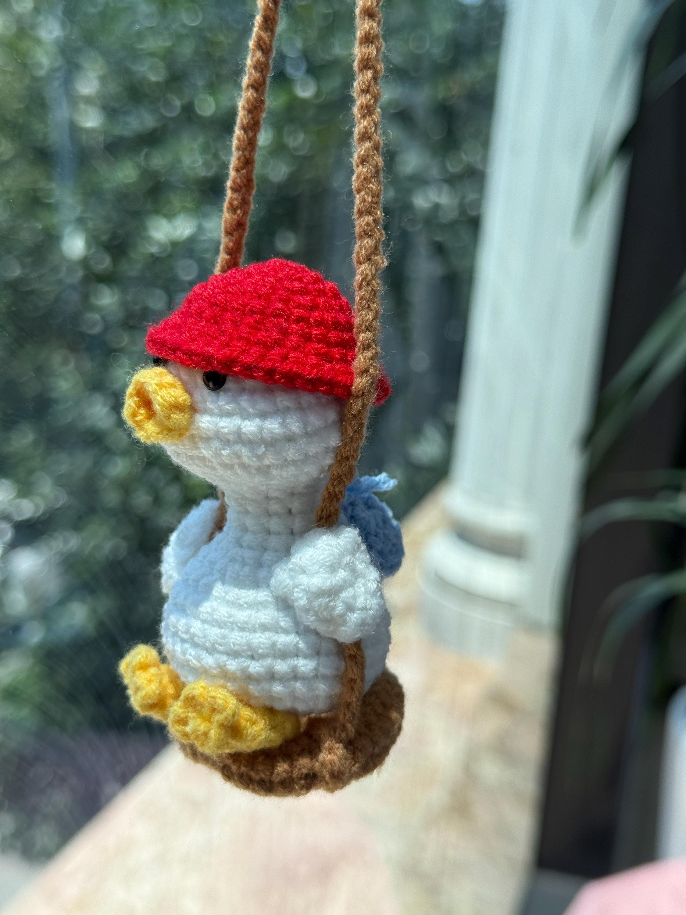 Cute Duck with Backpack Car Mirror Hanging Accessories, Crochet Goose Ornaments, New Car Gift Idea, Gift For Her, Car Decorations, Car Charm