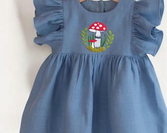 Hand-Embroidered Mushroom Summer Dress, Girls Soft Linen Dress, Toddler Linen Dress, Custom Birthday Dress, Kids Clothing, Dress for Girls
