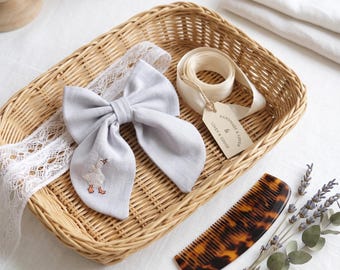 Goose Embroidery Linen Hair Bow, Handmade Hair Bow with Embroidery, Hair Accessories for Girls &Women, Fabric Hair Bow, One Silly Goose Gift