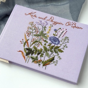 Custom Name Landscape Notebook, Personalized Embroidered Linen Wedding Guest Book, Hand Embroidered Flowers Memory Book, Hardbound Scrapbook