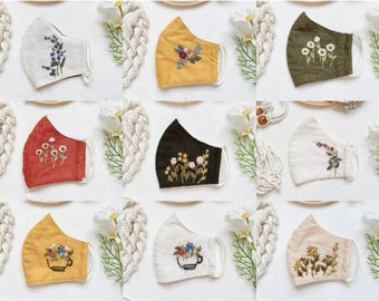Bloemen geborduurd gezichtsmasker, handgeborduurd linnen gezichtsmasker, bloemen gezichtsmasker, comfortabele verstelbare gezichtsmaskers, vintage maskers cadeau