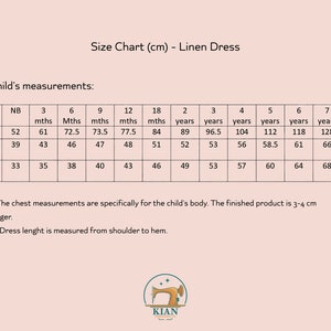 May include: A size chart for a linen dress displayed on a light pink background. The table lists child measurements in centimeters, including age, height, chest, and dress length from newborn to 8 years, with additional notes on sizing.