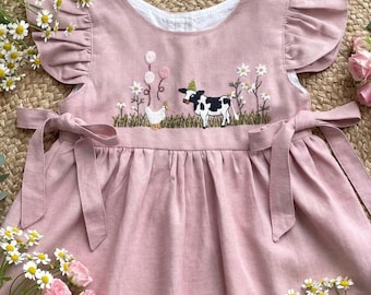 Custom Farm Animals Birthday Hand Embroidered Dress, Girls Soft Linen Dress, Toddler Linen Dress, First Birthday Girl Dress, Kids Clothing