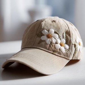 Daisies - April Birth Month Flower Hand Embroidered Hat, Daisy Embroidered Denim Cap, Handmade Beach/Sun Garden Hat, Mother&#39;s Day Gift Idea