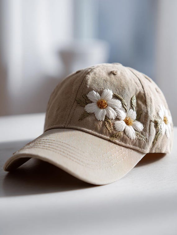 Daisies - April Birth Month Flower Hand Embroidered Hat  display picture 1