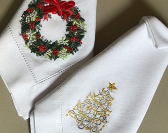 Personalized Embroidered Christmas Napkins, Hand Embroidered Table Decor, Soft Washed Pure Linen Set, Custom Housewarming Gift, Linen Napkin