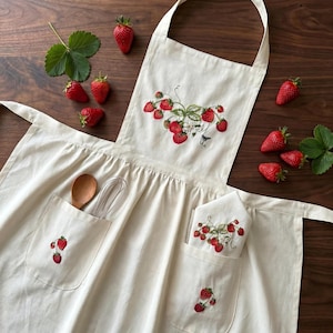 手刺繍の花束エプロン、刺繍花柄エプロン、リネンエプロン、キッチン 