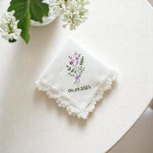 Personalized Purple Flowers Bouquet Linen Handkerchief, Something Blue for Bride, Wedding Hand Embroidered Handkerchief, Custom Wedding Gift