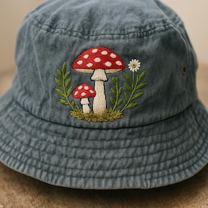 Vintage Denim Bucket Hat with Mushroom Embroidery, Hand Embroidered Summer Hat, Handmade Beach Hat, Sun Garden Hat, Handmade Gift For Mom