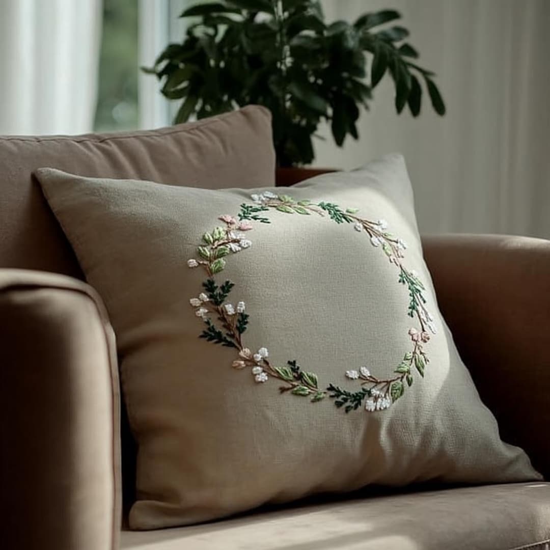 手刺繍の花柄リネン枕カバー、ハンドメイドクッションカバー、花柄