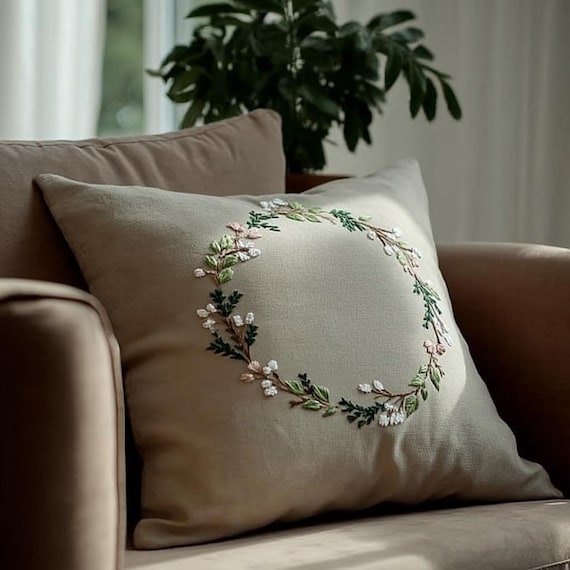 花柄刺繍 リネン クッションカバー 手刺繍の花柄リネン枕カバー、ハンドメイドクッションカバー、花柄