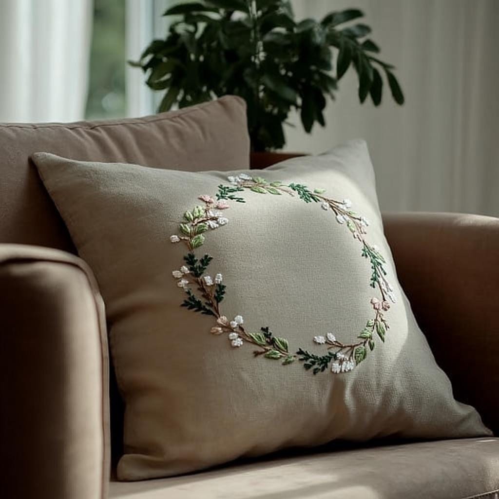 手刺繍の花柄リネン枕カバー、ハンドメイドクッションカバー、花柄