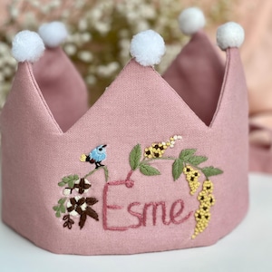 Custom Name Birthday Party Crown, Personalized Hand Embroidered Linen Crown, Gifts for Birthday, Handmade Baby Crown, 1st Birthday Crown