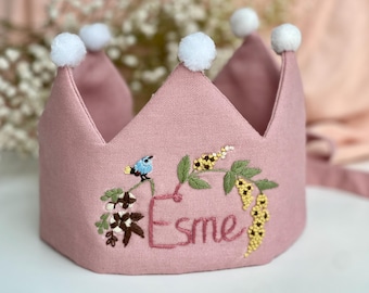Custom Name Birthday Party Crown, Personalized Hand Embroidered Linen Crown, Gifts for Birthday, Handmade Baby Crown, 1st Birthday Crown