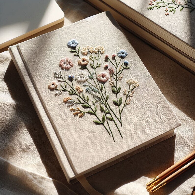 Op de afbeelding: Een beige linnen dagboek met een delicaat geborduurd bloemenmotief met roze, blauwe en gele bloemen. Het dagboek is gesloten en ligt op een beige stoffen oppervlak.