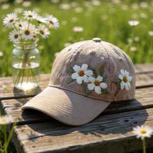 Daisies - April Birth Month Flower Hand Embroidered Hat, Daisy Embroidered Denim Cap, Handmade Beach/Sun Garden Hat, Mother&#39;s Day Gift Idea