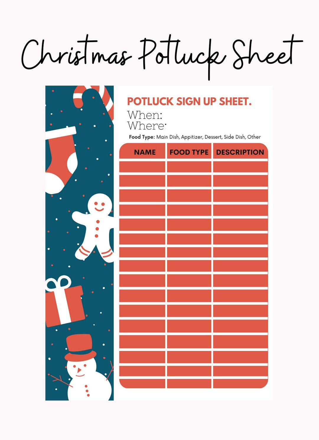 Christmas Potluck Sign up Sheet Instant Download - Etsy