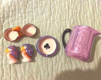 Purple Lustre Creamer, Salt and Pepper Shakers, and Ashtray(Ceramic)