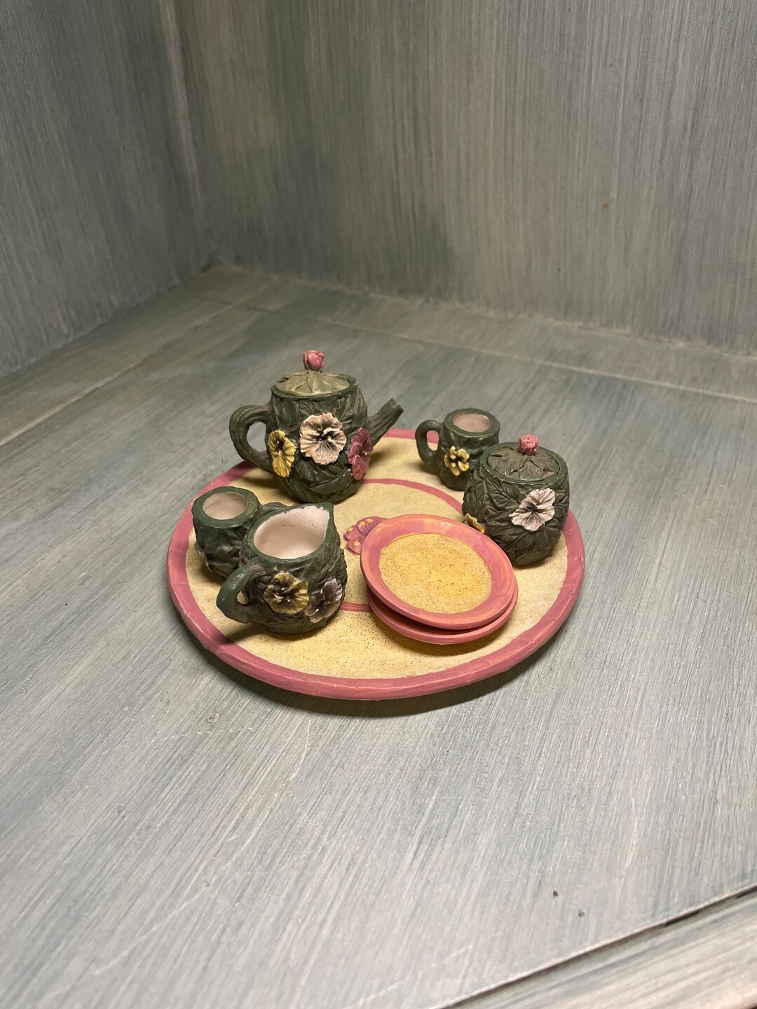 Green Floral Miniature Tea Set With Felt Bottom Plate - Etsy