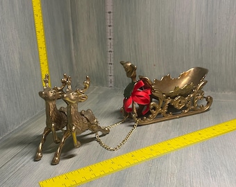 Vintage 1970s Brass Christmas reindeer & sled
