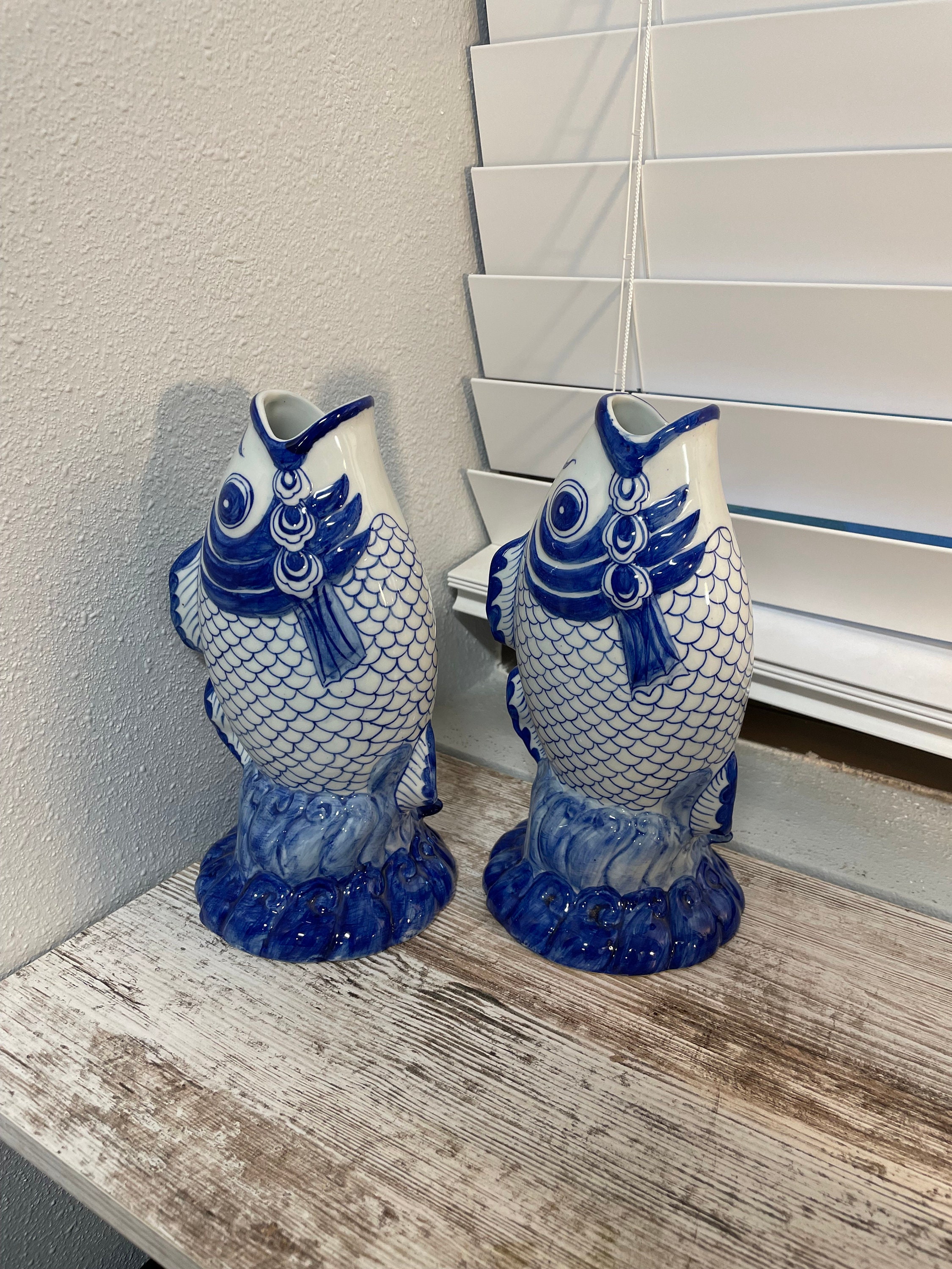 Blue and White Ceramic Koi Fish Vases Etsy