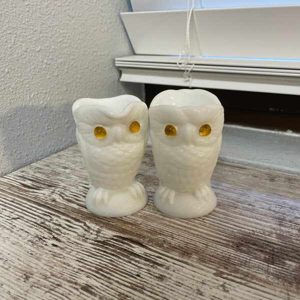 Milk Glass Owl Sugar and Creamer with Glass Eyes