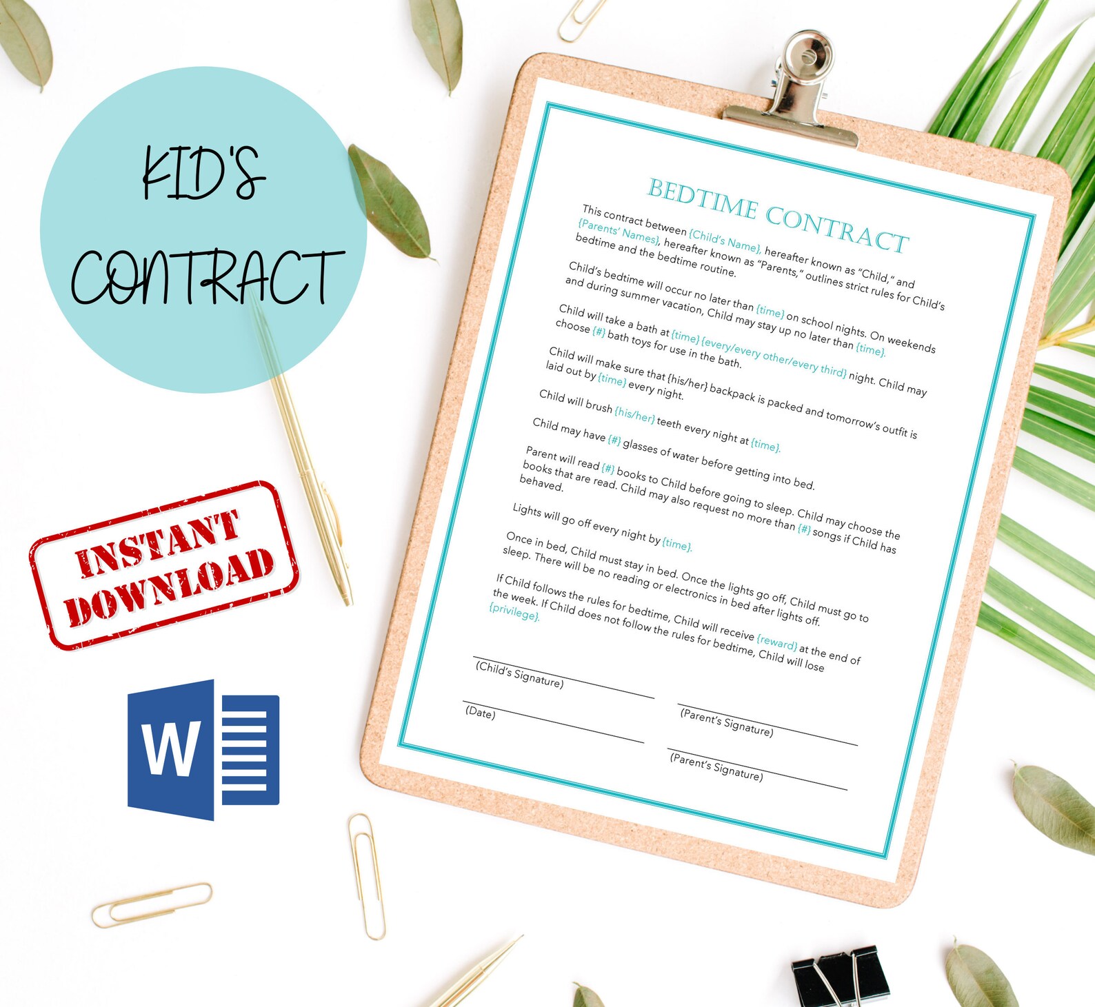 Easy to Edit Bed Time Contract for Kids Parents Student Etsy