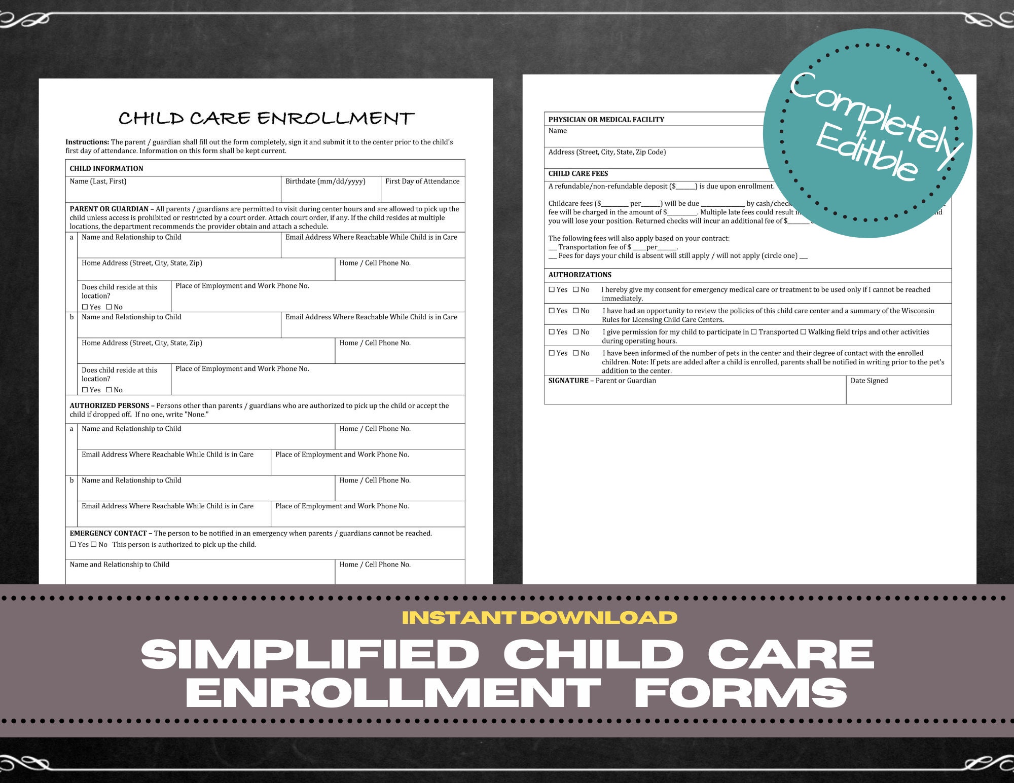 Simplified DAYCARE ENROLLMENT FORMS/ Childcare Center - Etsy