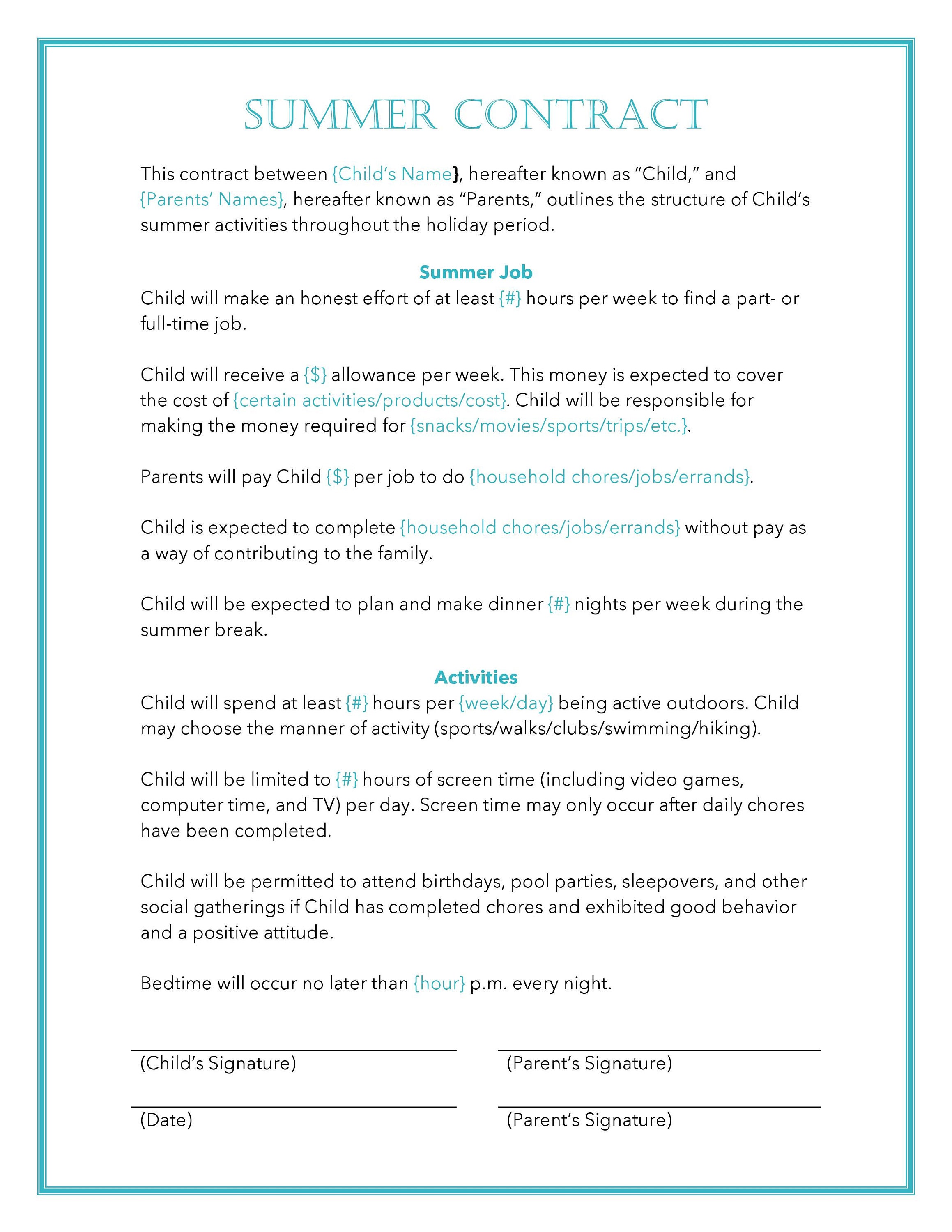 Easy to Edit Summer Contract for Kids Parents Student - Etsy