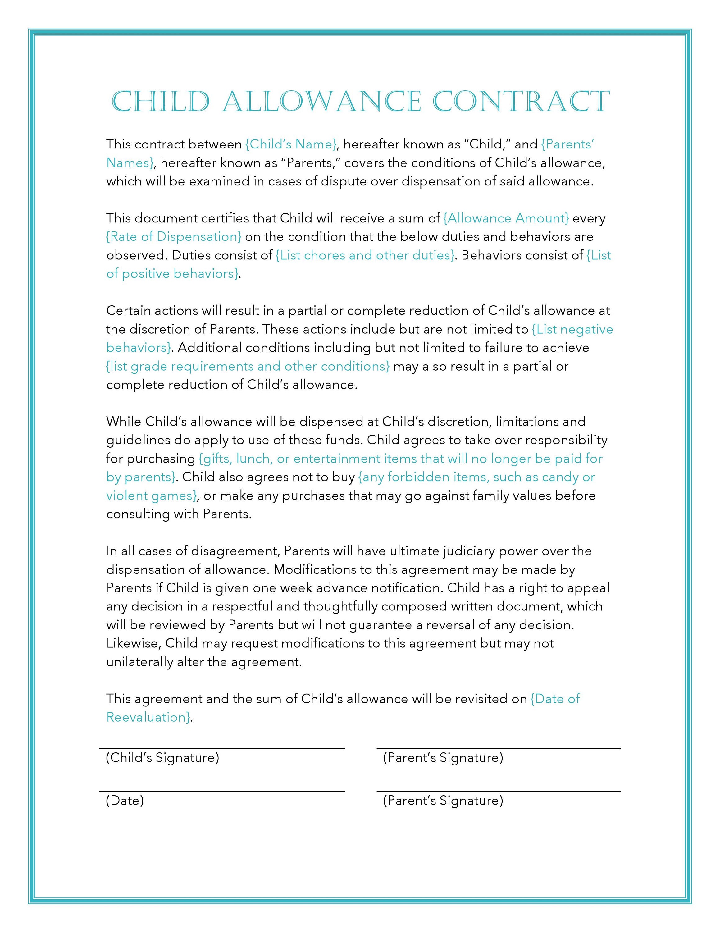 Easy to Edit Child Allowance Contract for Kids Teen Student Etsy