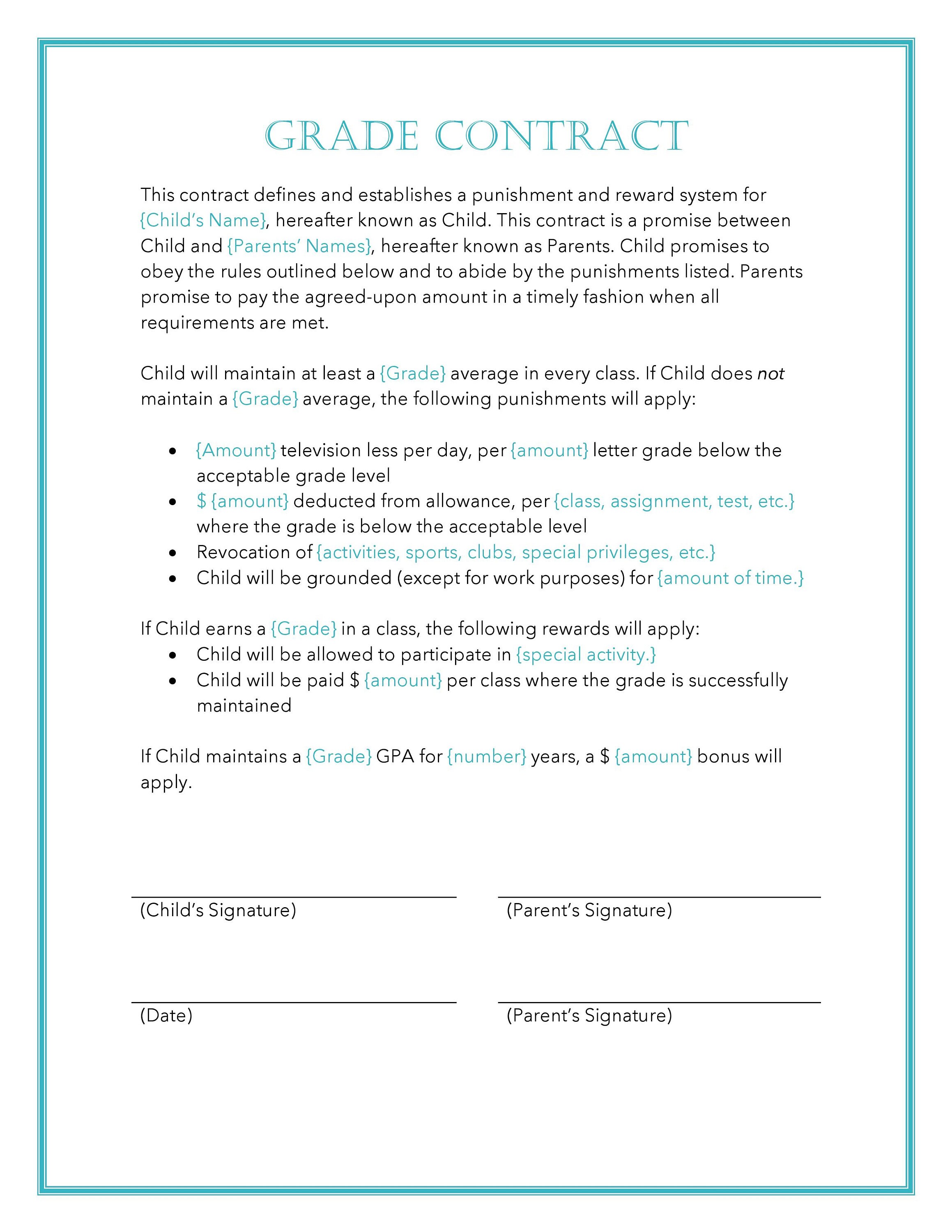 Easy to Edit Child Grades Contract for Kids Teen Student Etsy