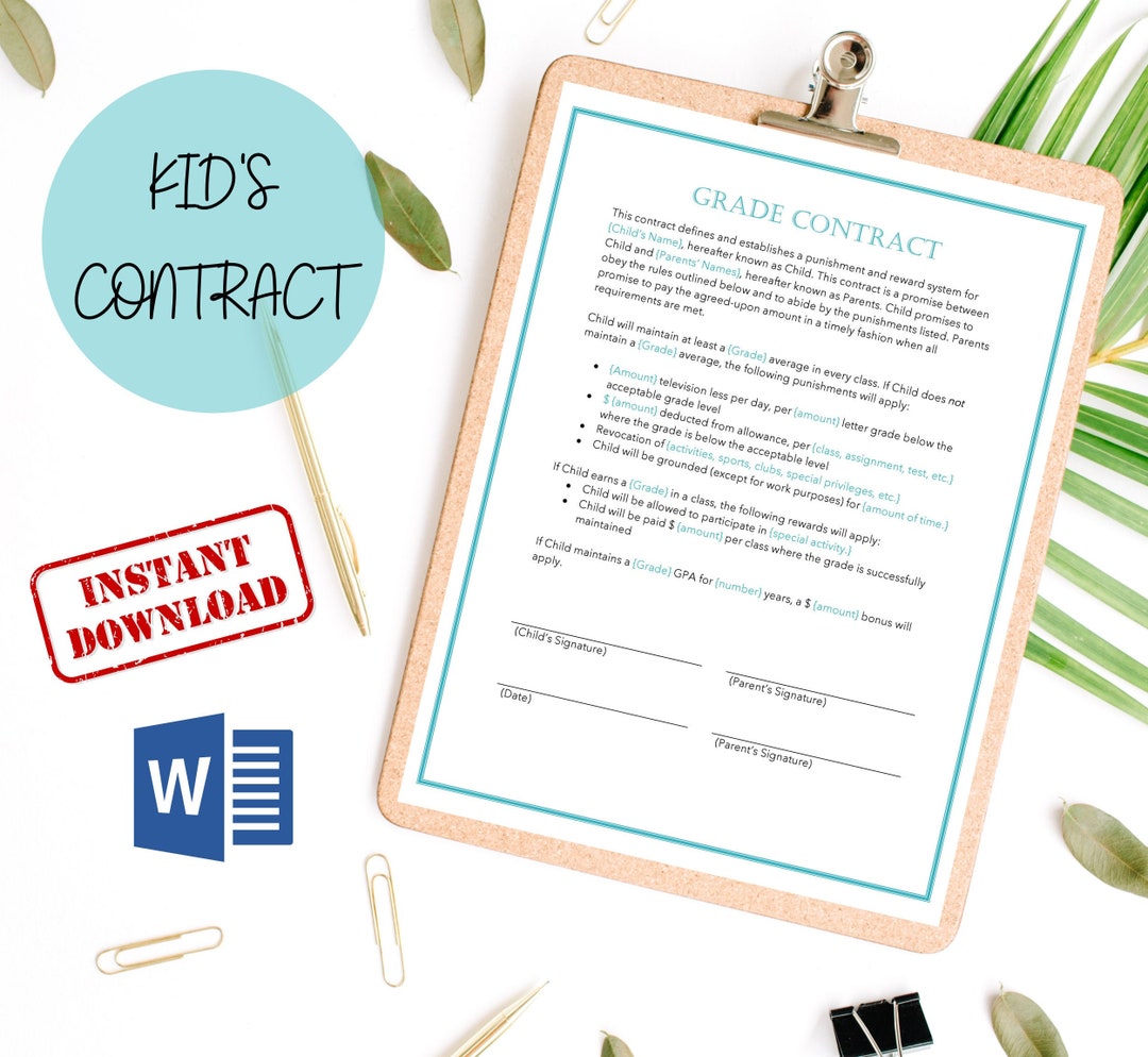 Easy to Edit Child Grades Contract for Kids Teen Student Etsy