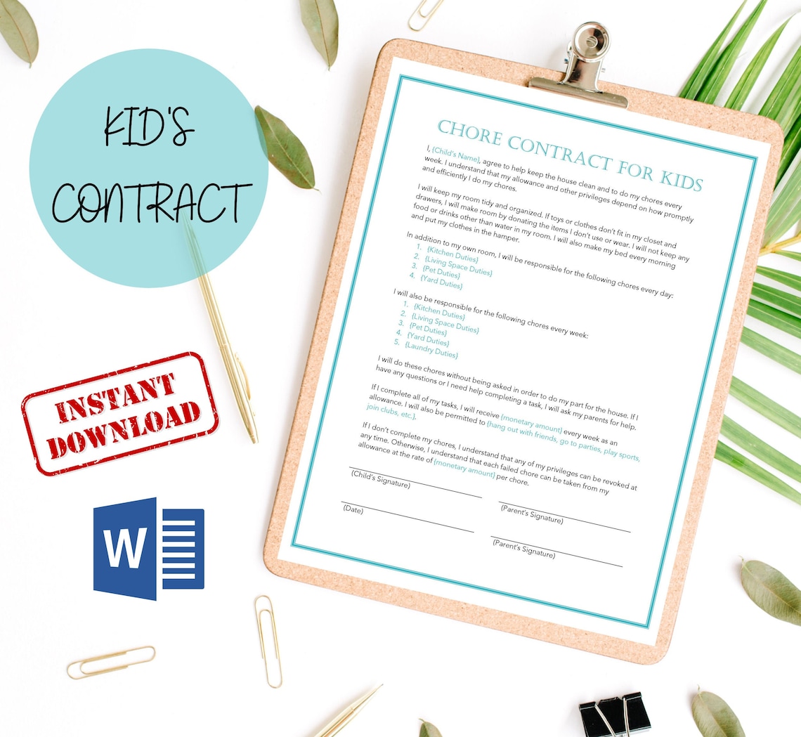 Easy to Edit Child Chore Contract for Kids Teen Student Microsoft Word Easy to Edit Child Chore Contract for Kids Teen Student Microsoft Word