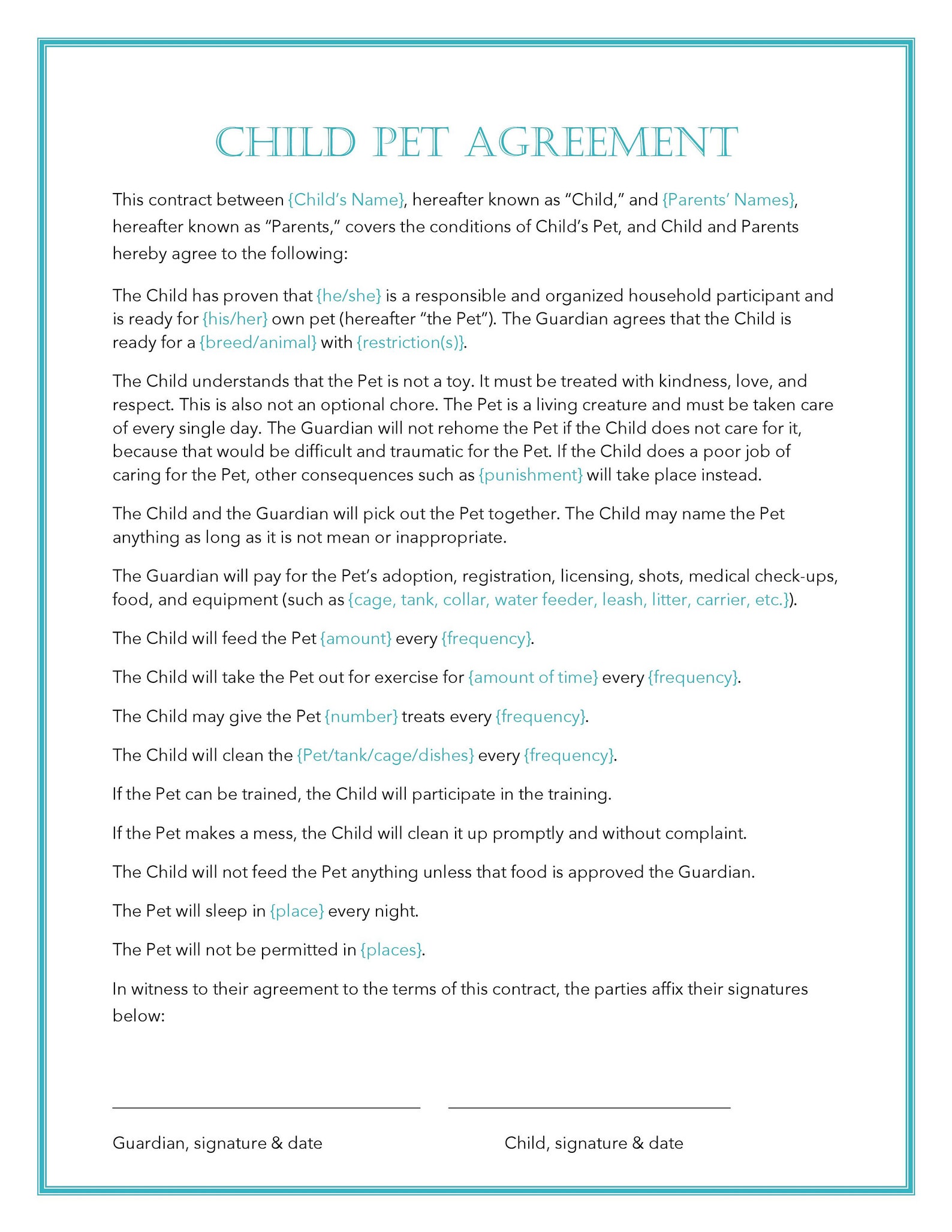 Easy to Edit Child Pet Contract for Kids Teen Student | Etsy